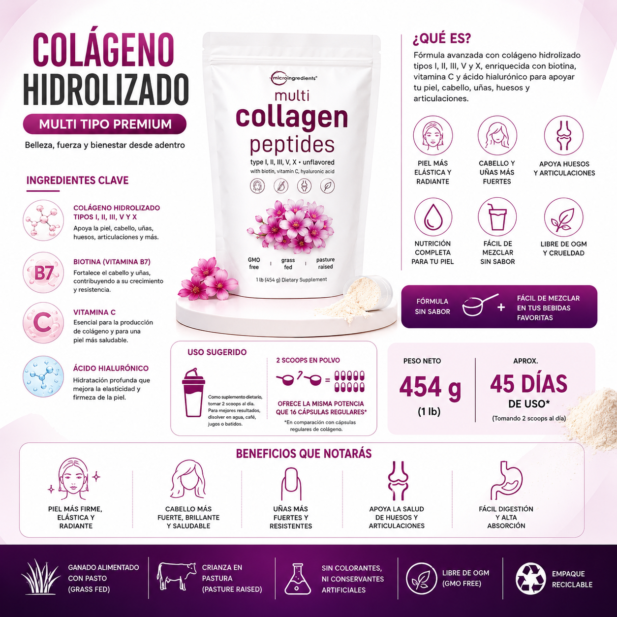 Multi Collagen Peptides 454g | Colágeno Hidrolizado Premium