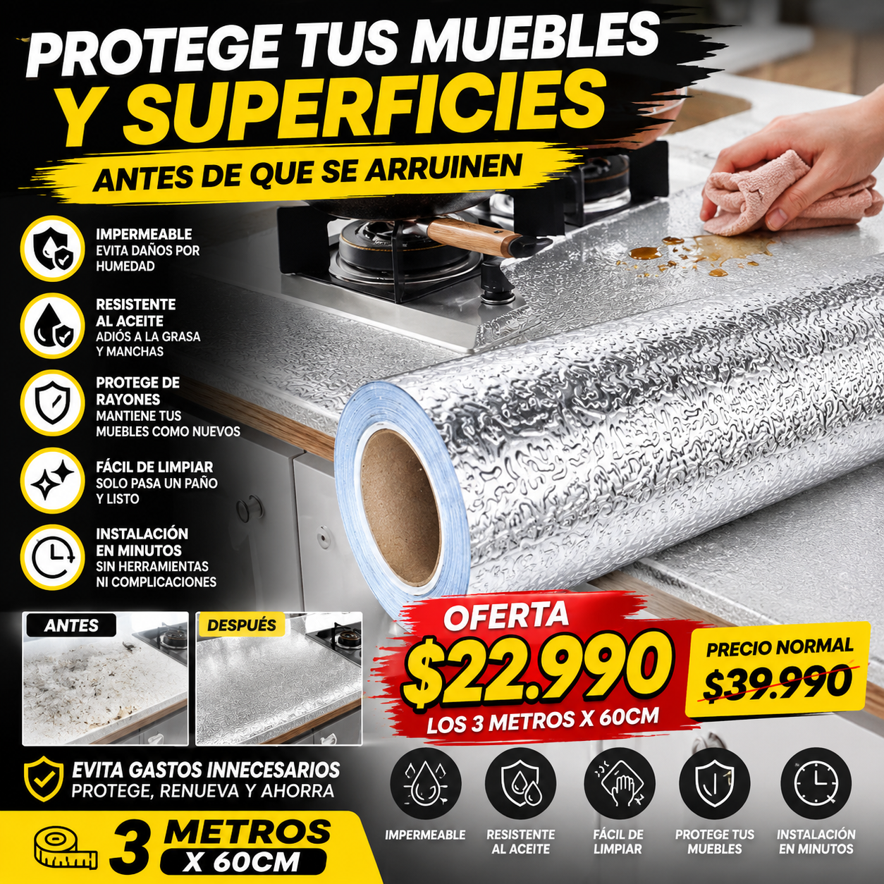 CoverGuard™ | La barrera contra grasa, humedad y desgaste para tu cocina. ( 3Mtrs X 60cm )