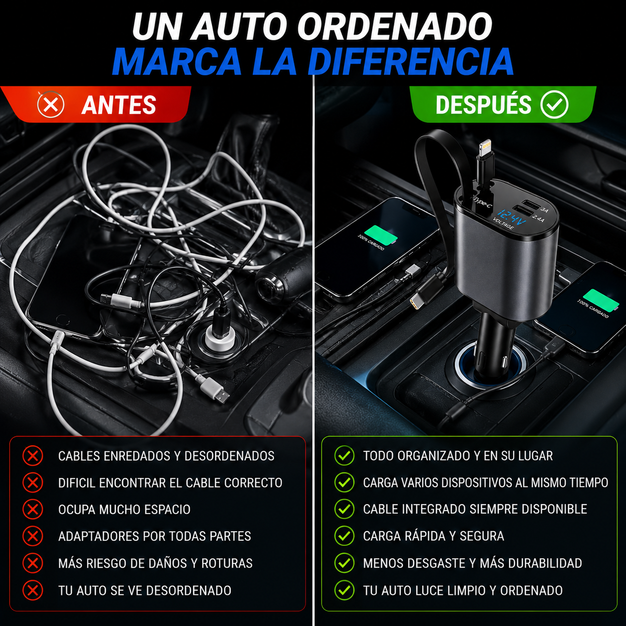VoltSync™ ¿Cansado de tener el auto lleno de cables enredados?