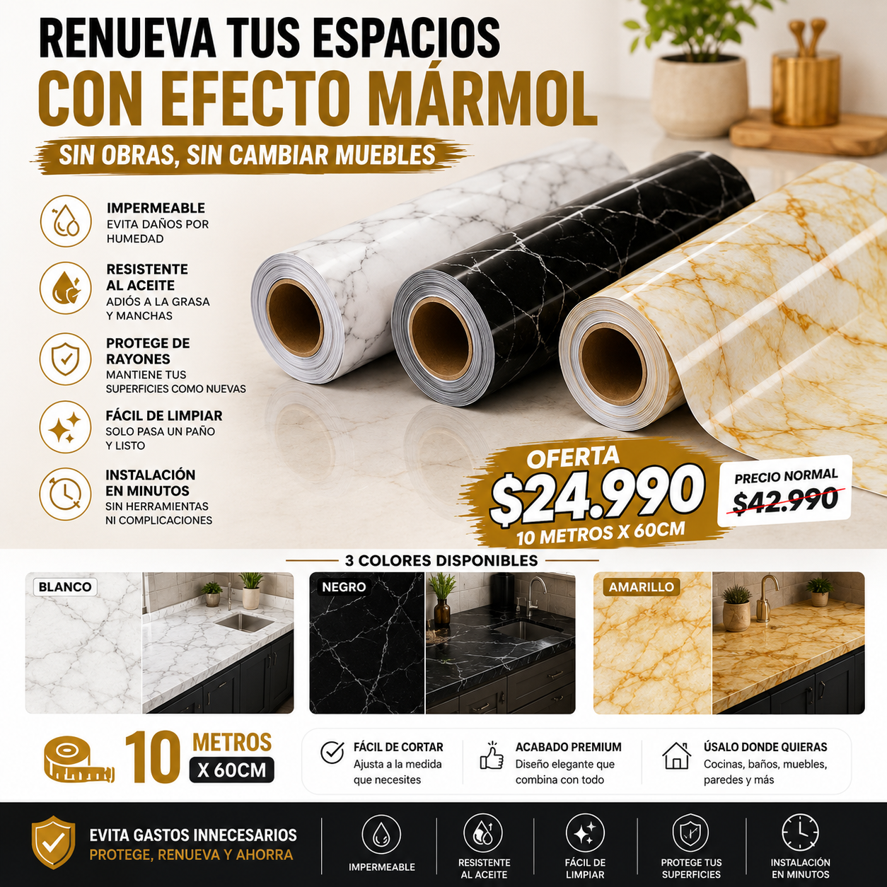DECOMÁRMOL™ | LA SOLUCIÓN RÁPIDA E INTELIGENTE PARA TRANSFORMAR CUALQUIER ESPACIO DE TU HOGAR. (10 MTRS X 60 CM)