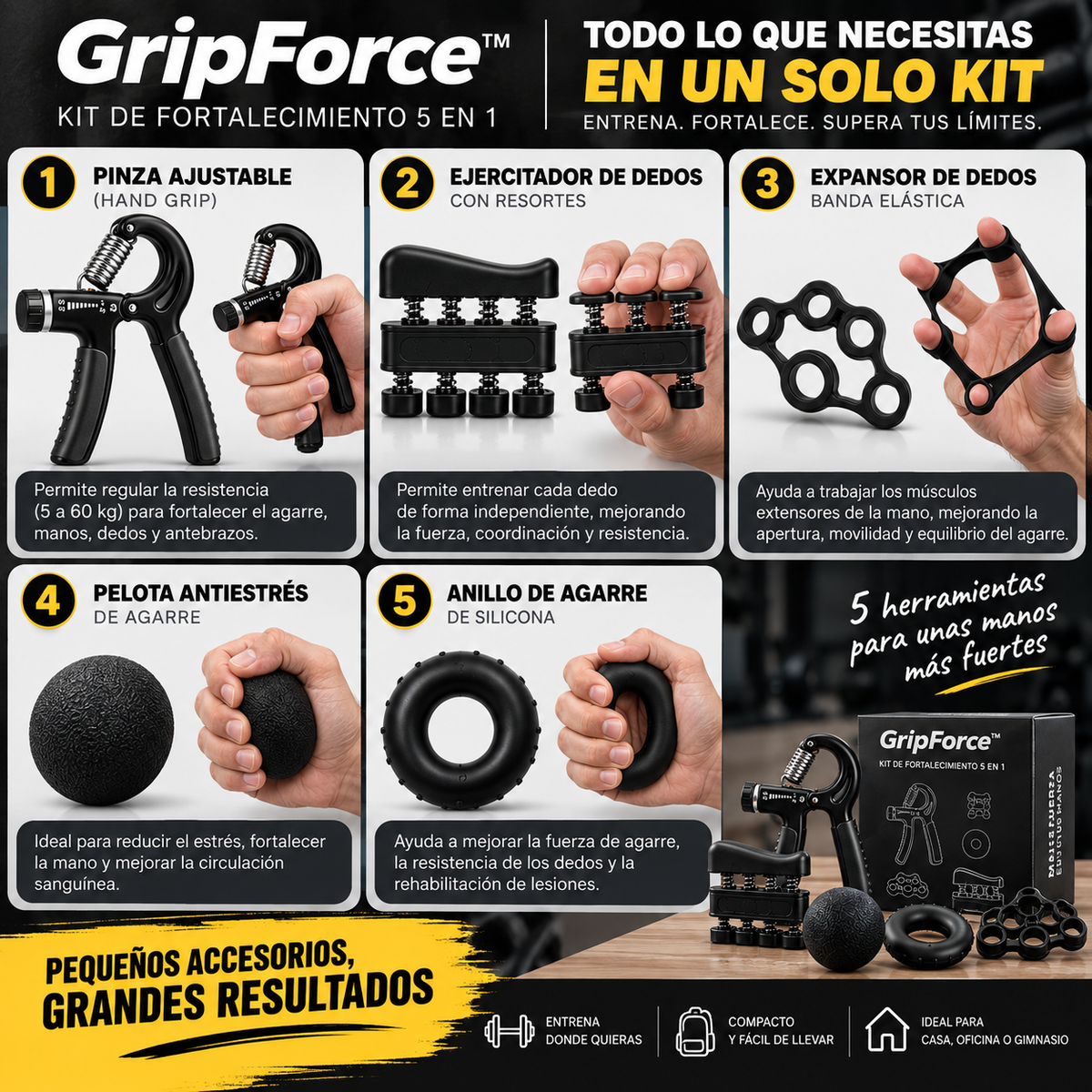 GripForce™ | Kit de Fortalecimiento 5 en 1 | MÁS FUERZA EN TUS MANOS, MÁS POTENCIA EN CADA AGARRE