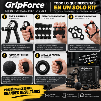 GripForce™ | Kit de Fortalecimiento 5 en 1 | MÁS FUERZA EN TUS MANOS, MÁS POTENCIA EN CADA AGARRE
