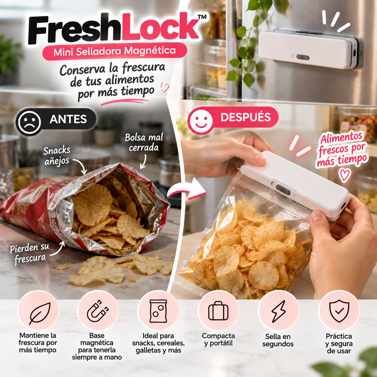 FreshLock™ Sella tus bolsas en segundos y conserva la frescura de tus alimentos