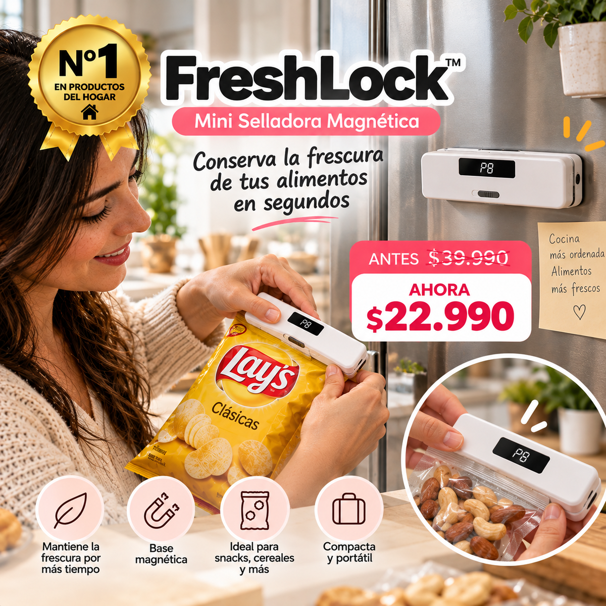FreshLock™ Sella tus bolsas en segundos y conserva la frescura de tus alimentos