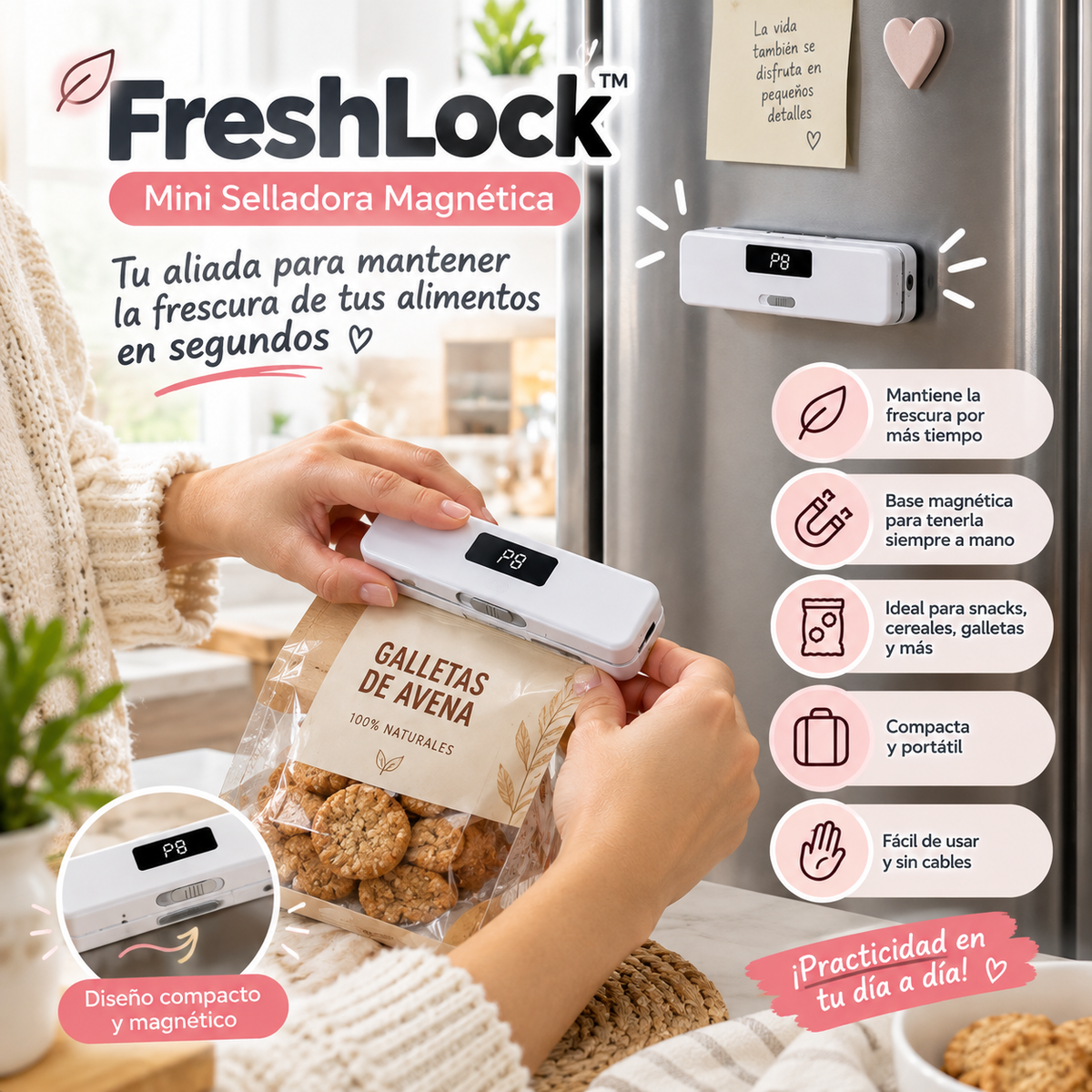 FreshLock™ Sella tus bolsas en segundos y conserva la frescura de tus alimentos